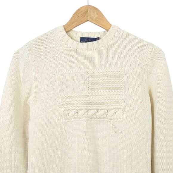 NEW Polo Ralph Lauren Iconic Embroidered American Flag Sweater in Ivory Size S - Picture 4 of 12